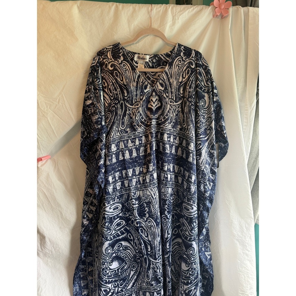 Winlar Kaftan Maxi Dress Navy Blue White Paisley Tribal Print One Size NWT